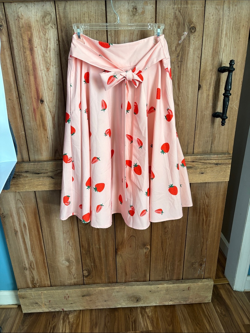 Pink Strawberry-Print Circle Skirt with Self-Tie Waist